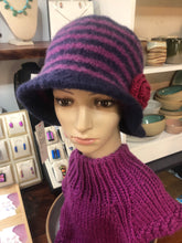 100% Wool Felted Hat - Navy Blue and Pink with Crochet Flower