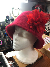 100% Wool Felted Hat - Red with flower and feather detail