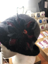 100% Wool Felted Hat - Black with grey stripe with felt flower