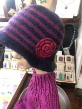 100% Wool Felted Hat - Navy Blue and Pink with Crochet Flower