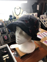 100% Wool Felted Hat - Black with grey stripe with felt flower