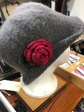 100% Wool Felted Hat - Grey with pink crochet flower