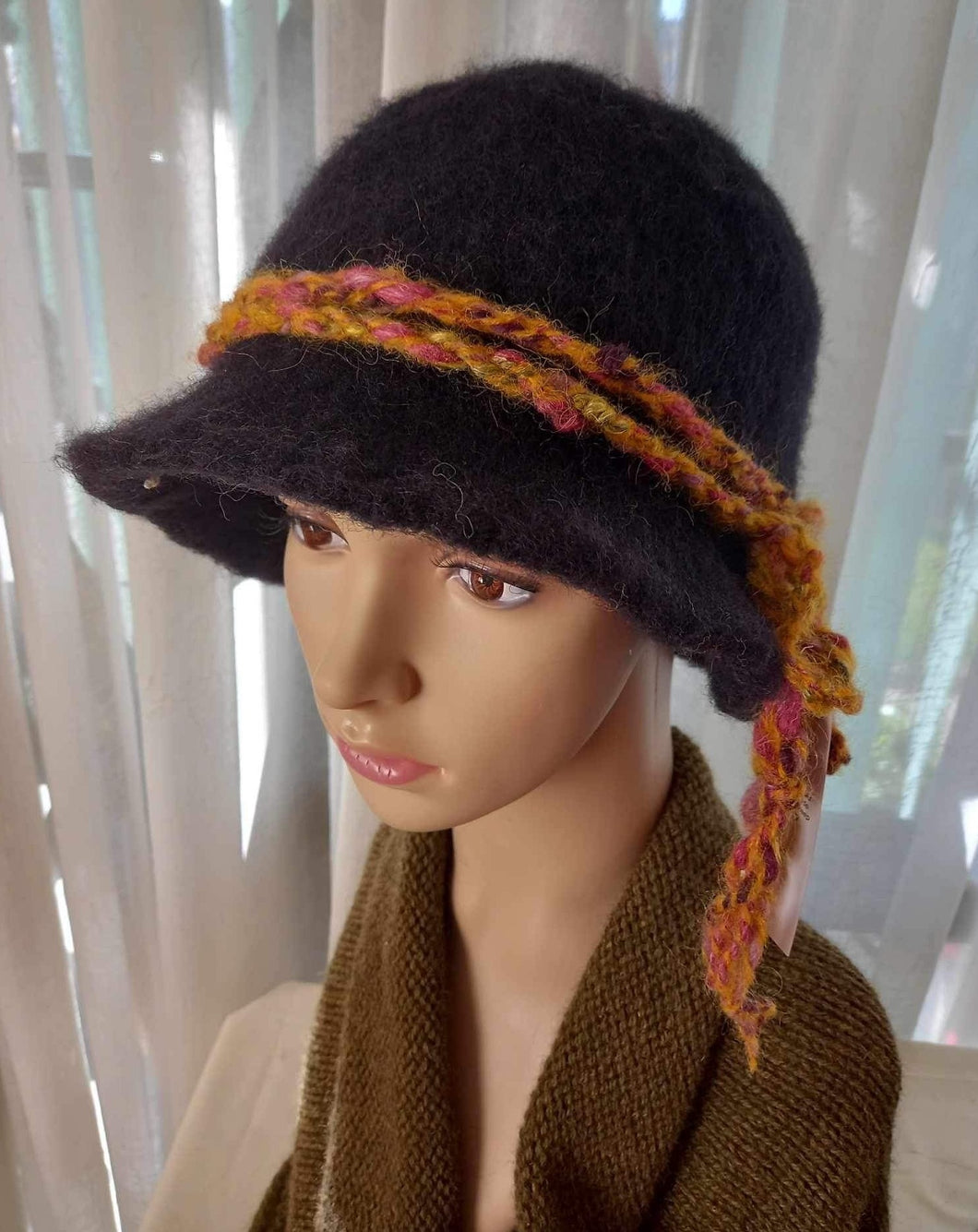 100% Wool Felted Hat - Black with Autumn Art Yarn
