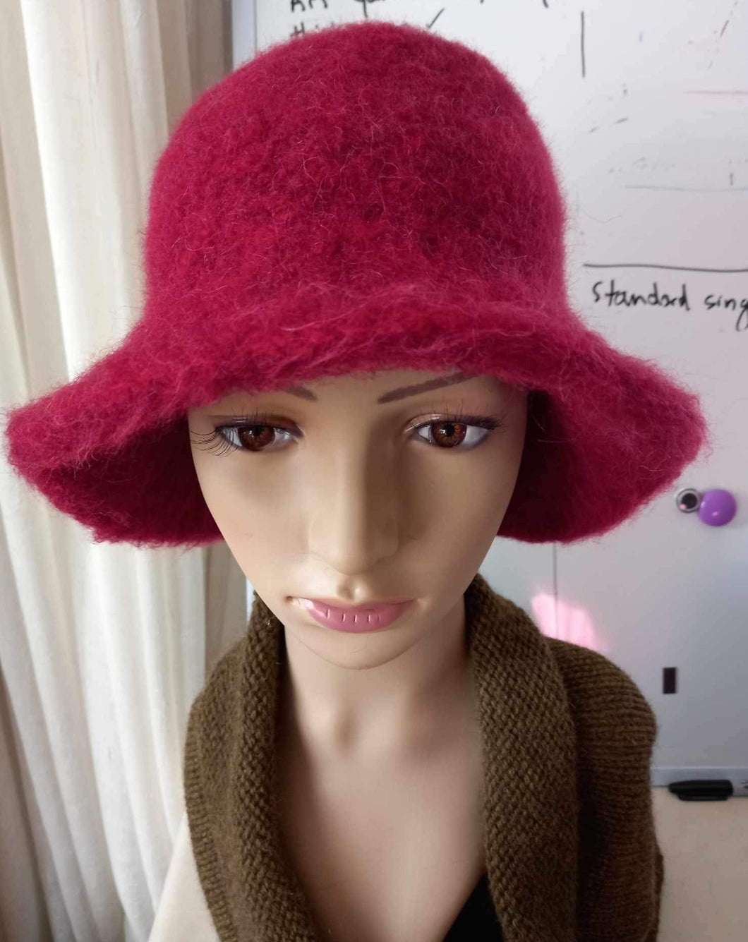 100% Wool Felted Hat - Hot Pink with Art Yarn