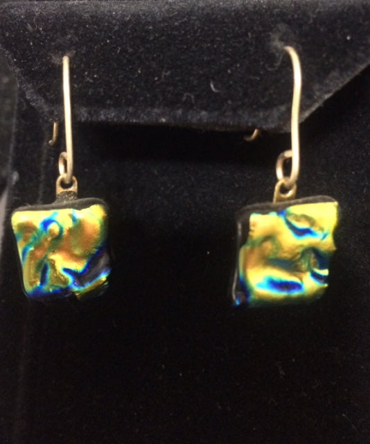 9 ct Gold Dichroic Glass Earring - Blue Green Gold