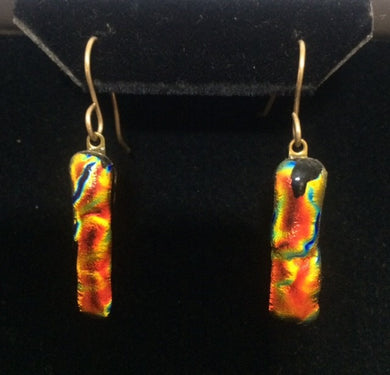 9 ct Gold Dichroic Glass Earring - Red Burnt Orange and yellow
