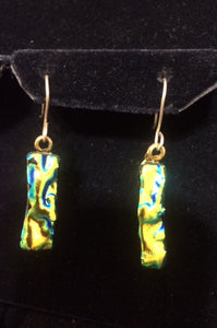 9 ct Gold Dichroic  Glass Earring - Yellow Blue Green