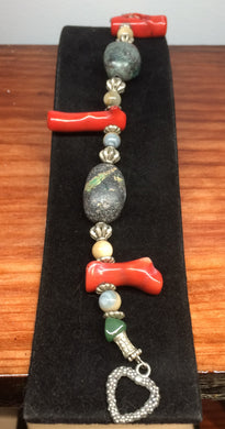 Moss Agate and Red Coral Bracelet