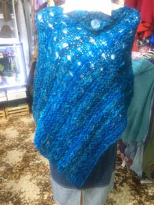 Poncho - Wool Hand knitted Hand dyed - Blue