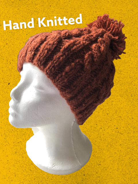 Hand Knitted Beanie with Pom Pom - Brown