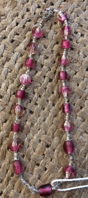 Silver Foil, Crystal and Pink Glass Beaded Necklace
