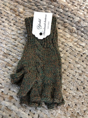 100% Wool Finger-less Gloves - Green Brown Mix