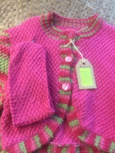Hand knitted Girls Cardigan & Headband - Pink & Green
