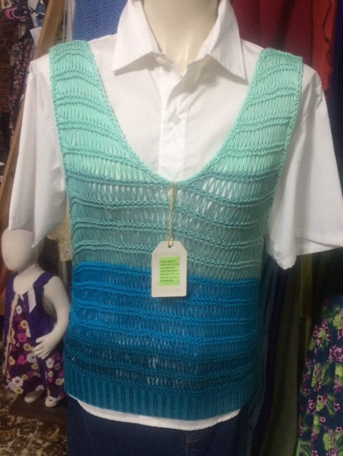 Hand Knitted Vest - Green Blue